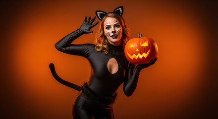 Woman dressed as a black cat holding a jacko'lantern on an orange background