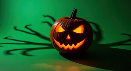 Obraz premium Glowing jack o lantern casting spooky shadows on a vibrant green background scene