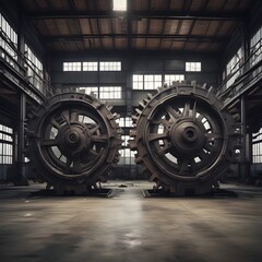 Giant industrial gears stand abandoned in a cavernous factory space.