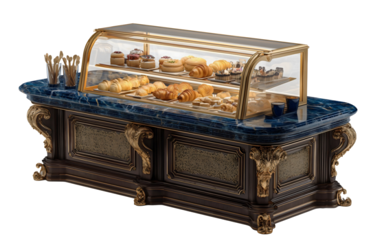 Bakery display case with curved glass showcase, gold baroque details, blue marble top and assorted pastries croissants donuts on transparent background, upscale patisserie, restaurant hotel buffet.