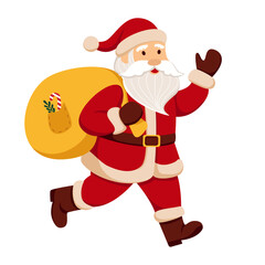 Christmas illustration of Santa Claus. Cheerful holiday character in red suit, with white beard, gift bag and candy cane, festive winter vector design for greeting card or poster.