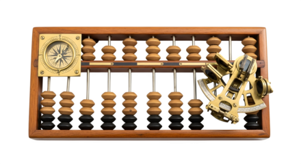 Vintage abacus with navigation tools isolated on transparent background, a historical calculating device used for arithmetic and mathematical operations