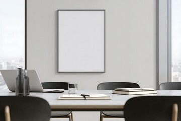 Modern conference room interior with wooden chairs and table near large windows, blank wall on side, ideal for business design mockup or presentation. High quality