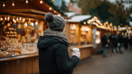 Festive Holiday Atmosphere with Wooden Kiosks and Lights
