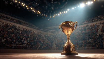 Golden trophy stands on wooden stage in large stadium filled with cheering crowd under bright lights