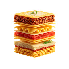 A cross-section view of layered lasagna sheets in separated slices: al dente pasta sheets, creamy béchamel, rich meat ragu, and grated cheese melting between layers