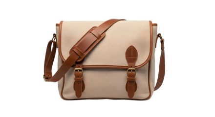 Stylish canvas messenger bag with leather accents isolated on transparent background, a versatile and fashionable accessory for carrying essentials