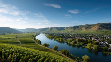 Peaceful Fertile Landscape of Sunlit Hills and Vineyards
