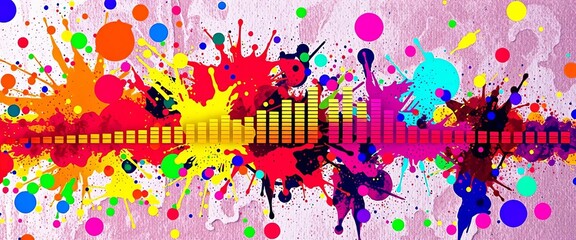 Abstract vibrant sound wave with equalizer, colorful paint splatter background,  illustration,   equalizer bars