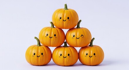 Stack of cute pumpkins with smiley faces arranged in a pyramid formation