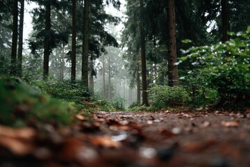 Misty Ardennes Forest with Wooden Pathway
