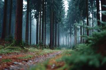 Misty Ardennes Forest with Wooden Pathway
