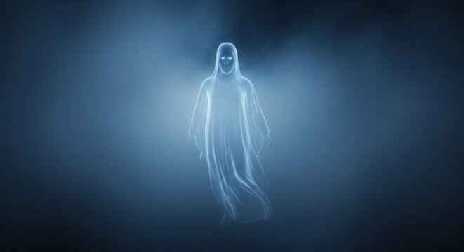Ethereal ghost figure floating in a misty blue atmosphere creating a spooky scene