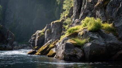 Serene Landscape of Mossy Cliffs and Sunlit Waters