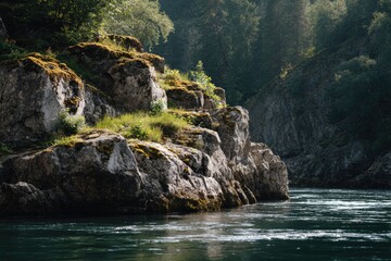 Dramatic Rugged Rock Cliffs with Flowing River
