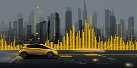 Yellow autonomous vehicle drives through futuristic cityscape with skyscrapers and digital data visualizations, symbolizing technological advancement and urban innovation