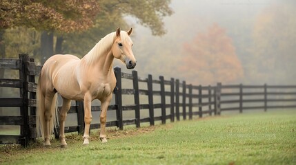 Obraz premium Beautiful palomino horse standing near a wooden fence on a foggy morning with mist surrounding the area dew on the grass and trees fading into the background