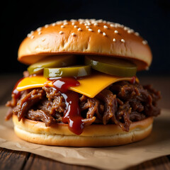 Delicious BBQ Pulled Pork Sandwich, Gourmet Pulled Pork Cheeseburger with Pickles, Savory Shredded Pork Burger, Classic Sloppy Joe with Melted Cheese