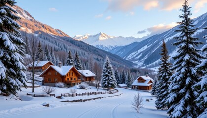 Fototapeta premium Serene Winter Landscape with Wooden Cabins and Majestic Mountains Under Clear Sky