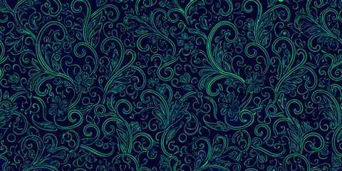 Elegant teal green floral swirl pattern on dark navy background seamless repeating design © Sunil123