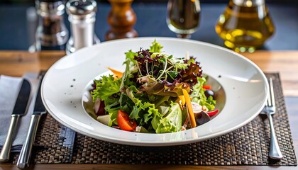 Aesthetic food presentation: Fresh salad with diverse vegetables on a white plate