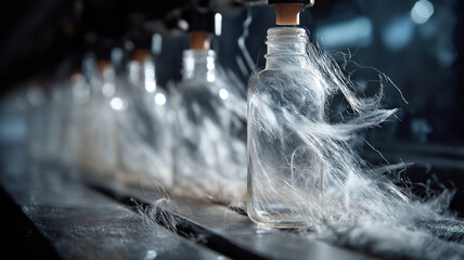 Row of clear glass bottles with intricate fibers swirling around them, creating dynamic and ethereal effect. scene is illuminated with soft lighting, highlighting delicate textures