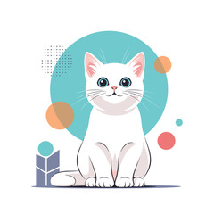 Obraz premium Charming white kitten with big blue eyes sitting gracefully amidst abstract geometric shapes and soft color blends