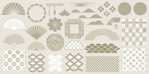 Collection of japanese inspired graphic design elements and patterns in neutral tones