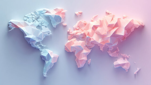 Abstract low poly world map in pastel colors, featuring geometric shapes and modern design