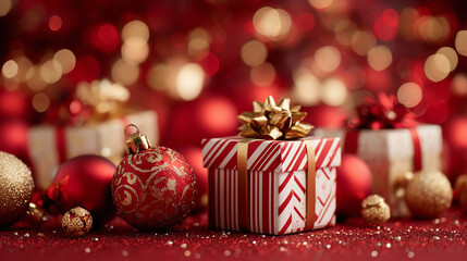 Christmas holiday background with festive gift boxes, red balls, and golden ornaments -