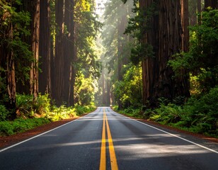 Fototapeta premium Majestic Redwood Trees Surround Paved Road, Creating Serene Landscape