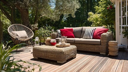 A rattan patio set including a sofa, a table and a chair on a wooden deck in the sunny garden.