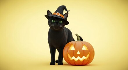 Black cat wearing a witch hat standing next to a glowing jack o lantern for halloween