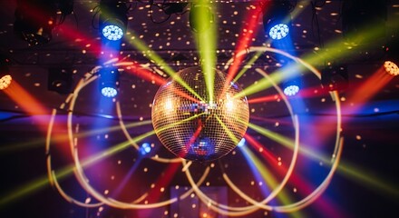 Obraz premium Shining disco ball surrounded by beams of light at a party atmosphere