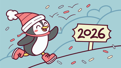Happy Cartoon Penguin Sliding on Snow with 2026 Sign and Confetti, Cute Vector Illustration