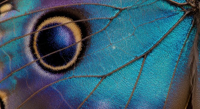 Close up macro view of a vibrant iridescent blue butterfly wing showing intricate patterns and eye spot