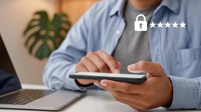 Man using smartphone to enter password for secure online account access with digital padlock and star icons symbolizing privacy and safety - Powered by Adobe