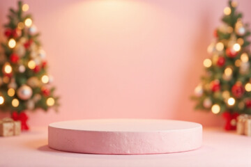 Christmas pink background with round stand podium for products studio in golden blurred bokeh lights. New Year's cylindrical stage platform. Realistic 3d scene for mockup products. vector illustration