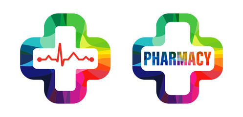 Set of creative multicolored crosses with stained glass texture and isolated clipping mask. Pharmacy logo design