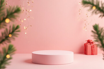 Christmas pink background with round stand podium for products studio in golden blurred bokeh lights. New Year's cylindrical stage platform. Realistic 3d scene for mockup products. vector illustration