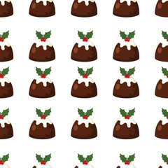 Seamless repeating pattern of festive Christmas puddings with white icing and a holly garnish.