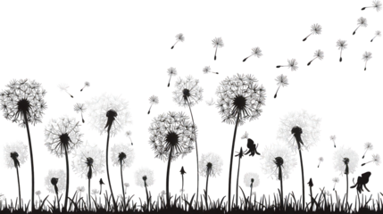 Monochromatic Dandelions Seeds Blowing in Wind