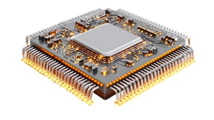 Close up shot of a computer processor isolated on transparent background