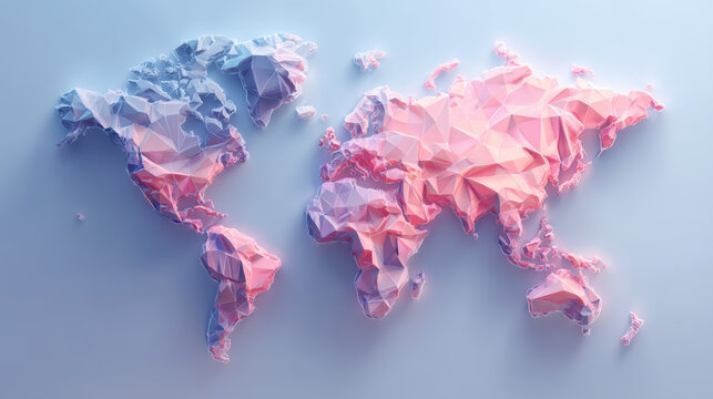 3D low poly world map in pastel pink and blue hues creates modern and artistic representation