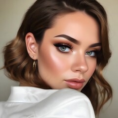 Portrait of stunning woman with glamorous makeup and flowing hair.