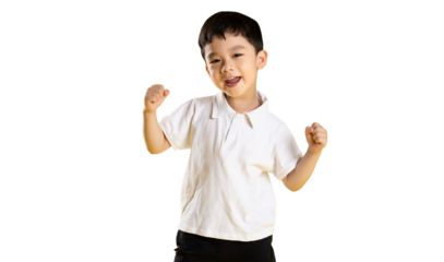 Asian kid A delighted young boy exuding happiness and positivity, with arms raised in a triumphant pose on PNG