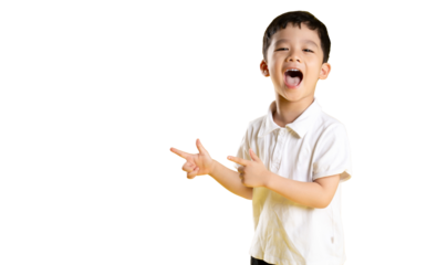 Asian kid An adorable child pointing and smiling. The image shows a child happily pointing with both of his hands on PNG