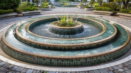 Naklejka premium Multi - Tiered Tiled Fountain in Courtyard Landscape