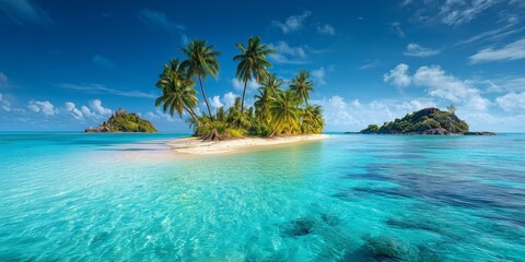 Fototapeta premium Tropical island paradise with palm trees and crystal clear turquoise waters under a bright sky