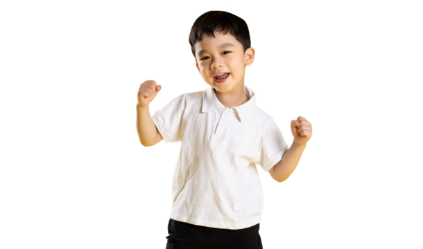 Asian kid A delighted young boy exuding happiness and positivity, with arms raised in a triumphant pose on PNG